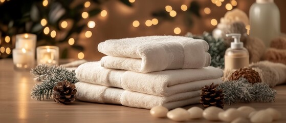 Cozy Spa Setting with Folded Towels, Pine Cones, and Warm Candlelight for Relaxation and Wellness
