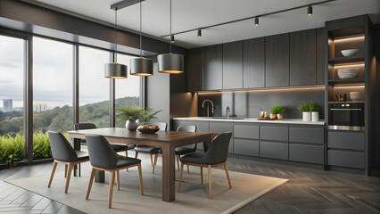 Fototapeta premium Modern stylish kitchen interior with luxury dining table and large window, designed in black color palette, black