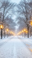 A peaceful road blanketed in fresh snow winds through a forest at sunset, flanked by glowing street lamps and tall trees, creating a tranquil winter atmosphere