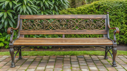Vintage wooden bench with ornate metal frame perfect for outdoor seating in a garden or park setting, vintage, wooden, bench