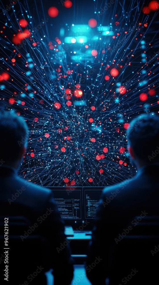 Aufkleber two individuals observe a futuristic digital interface with glowing red and blue lights, symbolizing