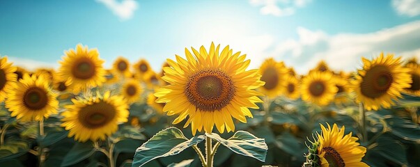 Fototapeta premium A field of sunflowers standing tall under a clear blue sky, with a gentle breeze swaying the vibrant yellow petals