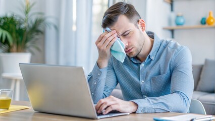 Man with a cold working from home with an ice pack on his forehead