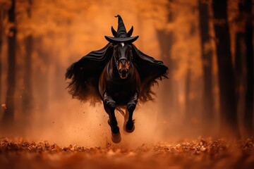 Obraz premium A black horse galloping through an autumn forest wearing a witch hat and cape, creating a magical Halloween scene.