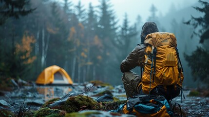 Fototapeta premium A lone hiker in a yellow jacket observes a dense, misty forest