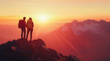 A couple hiking on the top of a mountain, with the sunrise in the background