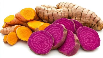 A grouping of assorted, polished sticker-style root vegetables like yams, sweet potatoes, ginger, and turmeric, each with a smooth, glossy finish, isolated on a white background