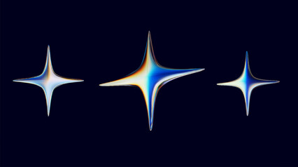 Set of 3d Holographic Chrome Stars in Y2K style. Abstract 3D stars