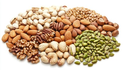 A high-class arrangement of assorted nuts and seeds, including almonds, walnuts, sunflower seeds, and pistachios, each with a polished, shiny appearance, isolated on a white background
