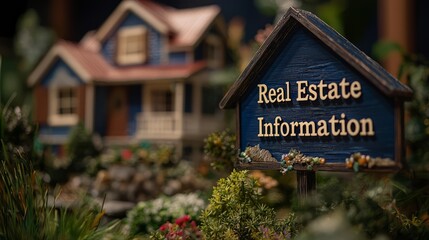 Real Estate Information Sign with Miniature House and Flowers