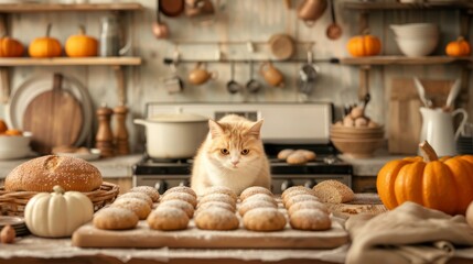 Fototapeta premium Adorable cat in rustic kitchen with pumpkins and fresh bread rolls, creating a cozy autumn atmosphere.