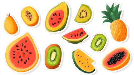 A high-class design of assorted whole and sliced fruits like watermelon, pineapple, kiwi, and papaya, each with a polished, sticker-style appearance, isolated on a white background