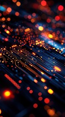 Abstract futuristic background with glowing circuits and vibrant bokeh lights, perfect for technology and innovation themes.