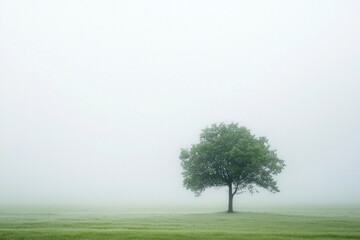 Obraz premium A solitary tree in a vast, foggy field, with the rest of the landscape fading into a soft, white void. 