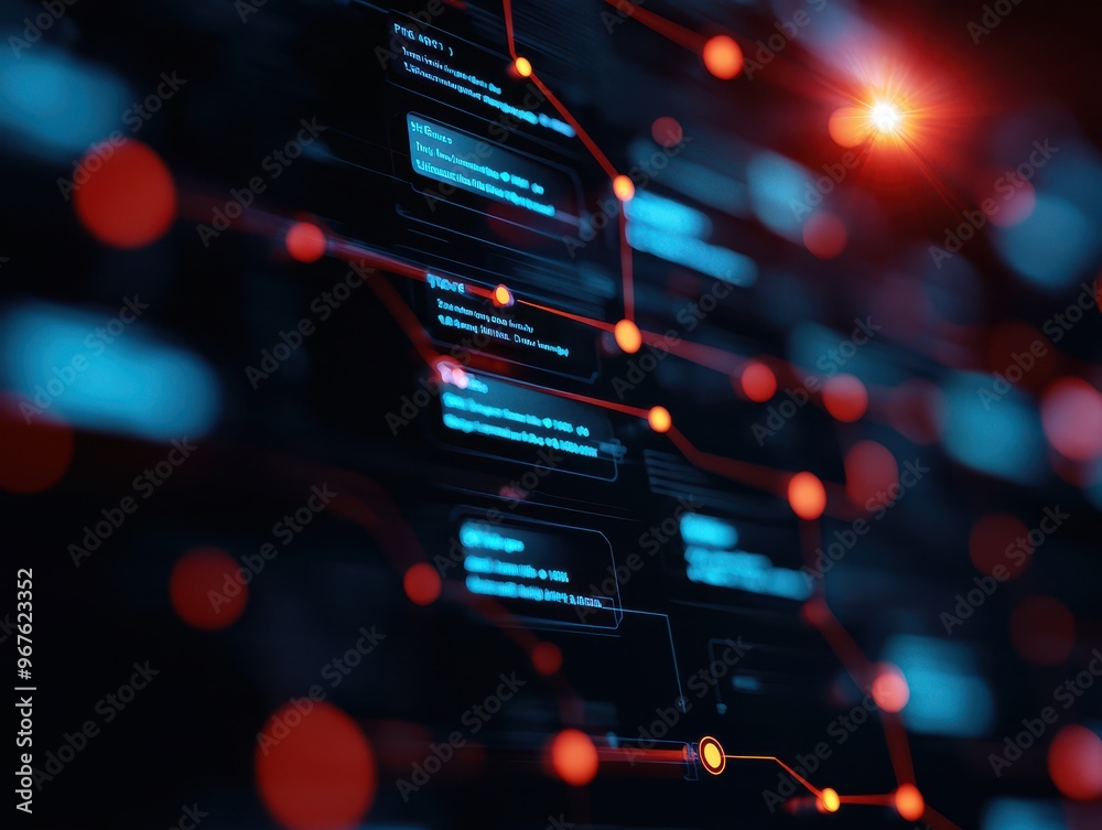 Leinwandbilder Abstract visualization of a digital network or blockchain technology with glowing nodes and data connections on a dark background.