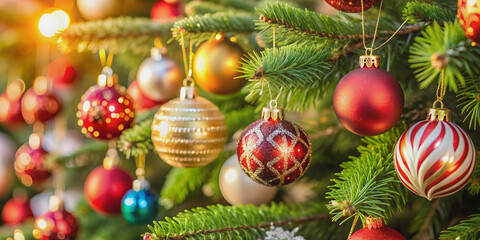 Fototapeta premium Close-up of various Christmas ornaments hanging on a tree, Christmas, ornaments, decorations, holiday, festive, winter, shiny