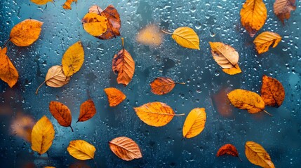 Autumn Leaves on Wet Window with Rain Drops