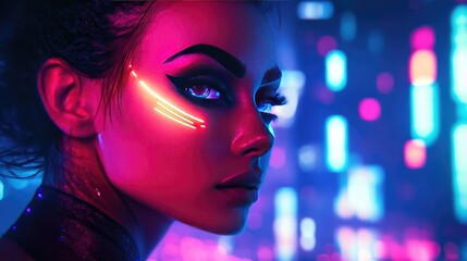A model with neon makeup posing in front of a glowing backdrop, with a futuristic city skyline behind.