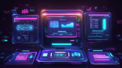 Obraz premium Futuristic digital workspace featuring vibrant neon displays, graphs, and user interfaces, ideal for tech and data visualization.