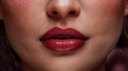 Fototapeta premium A close-up photo of a woman's lips. The lips are painted with a deep red lipstick.