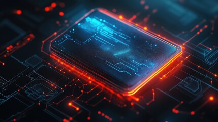 Obraz premium Futuristic microchip design showcasing intricate circuitry and vibrant glowing accents, perfect for technology and innovation themes.