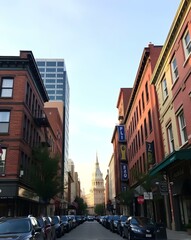 Quiet City Street at Dusk with a Soft Blue Sky and Cars Lined Up Alongside Historic Buildings