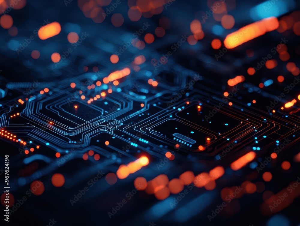Leinwandbilder Close-up of a futuristic circuit board with glowing lights, representing advanced technology and innovation in electronics and computing.