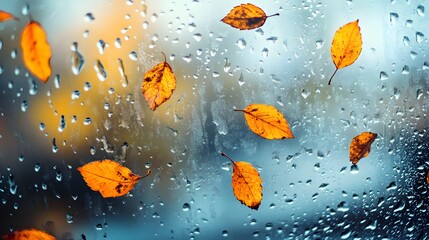 Autumn Leaves on Wet Window with Raindrops