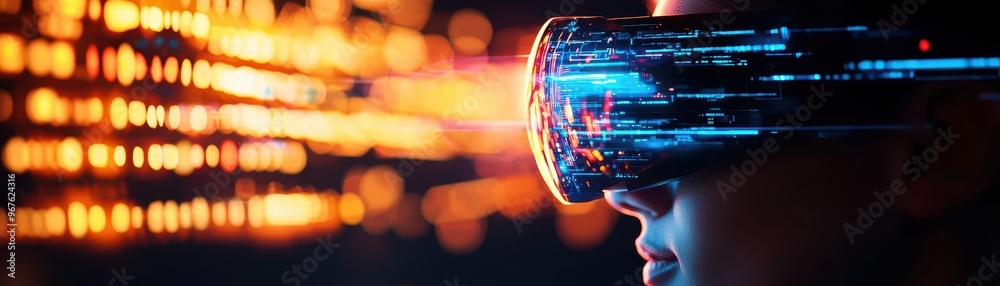 Poster close-up of a person wearing a futuristic vr headset with digital lights, presenting a cyber technol