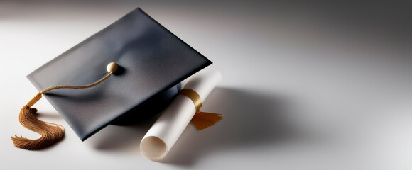 Birrete de graduado junto a un pergamino de titulación en un fondo de estudio