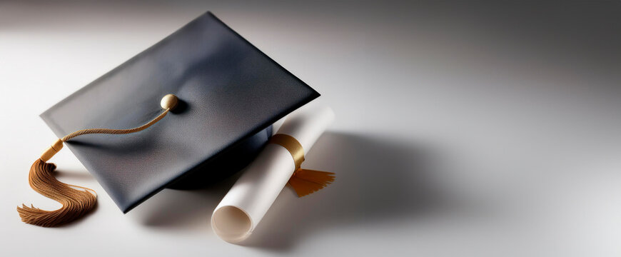 Birrete de graduado junto a un pergamino de titulaci&oacute;n en un fondo de estudio