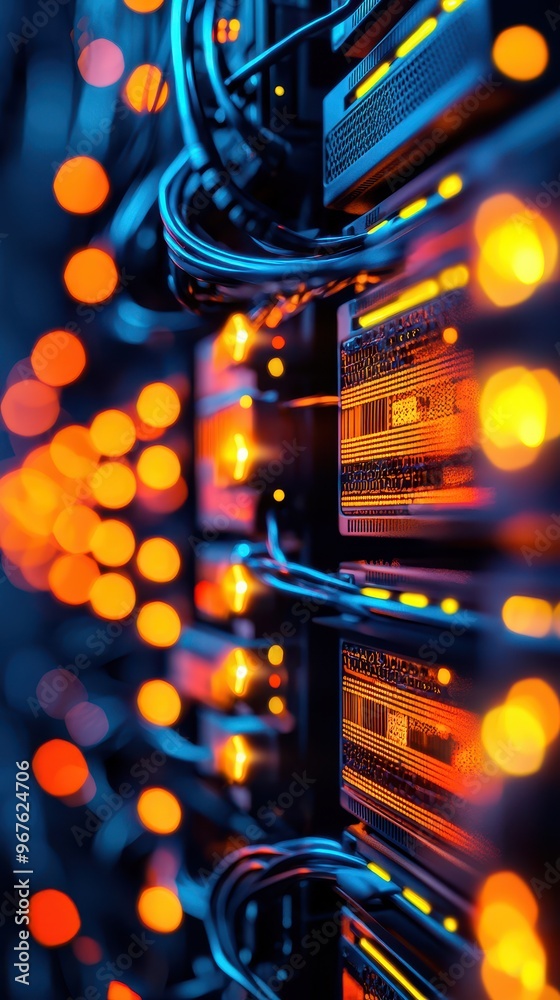 Leinwandbilder close-up view of a glowing data center server rack, with vibrant cables and lights. perfect for tech