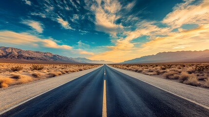 Naklejka premium Empty Desert Highway with Dramatic Sky at Sunset