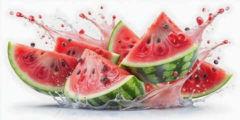 Flying pieces of watermelon with splashing juice and droplets, isolated, watermelon, fruit, flying, splashing, juice, drops