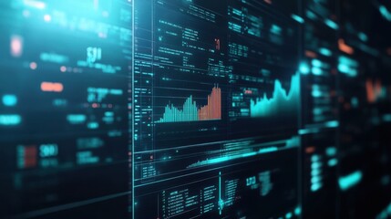 High-tech digital interface displaying stock market data with graphs and analytics in futuristic blue tones.