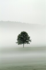 A solitary tree in a vast, foggy field, with the rest of the landscape fading into a soft, white void. 