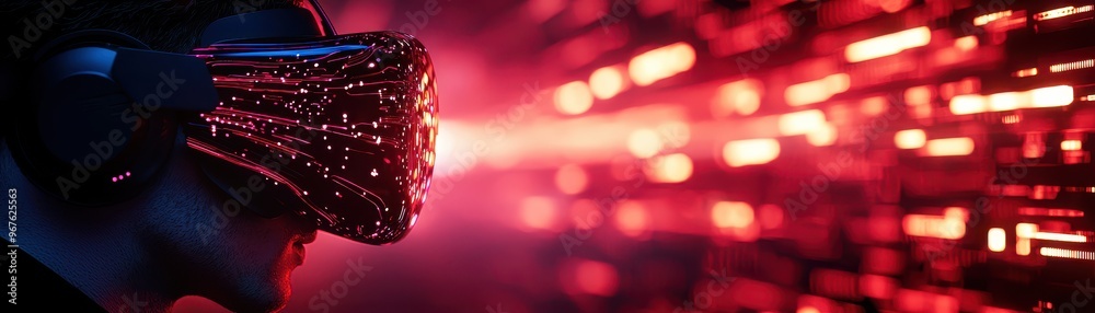 Poster futuristic concept of virtual reality with a person wearing vr glasses emitting red light, creating 