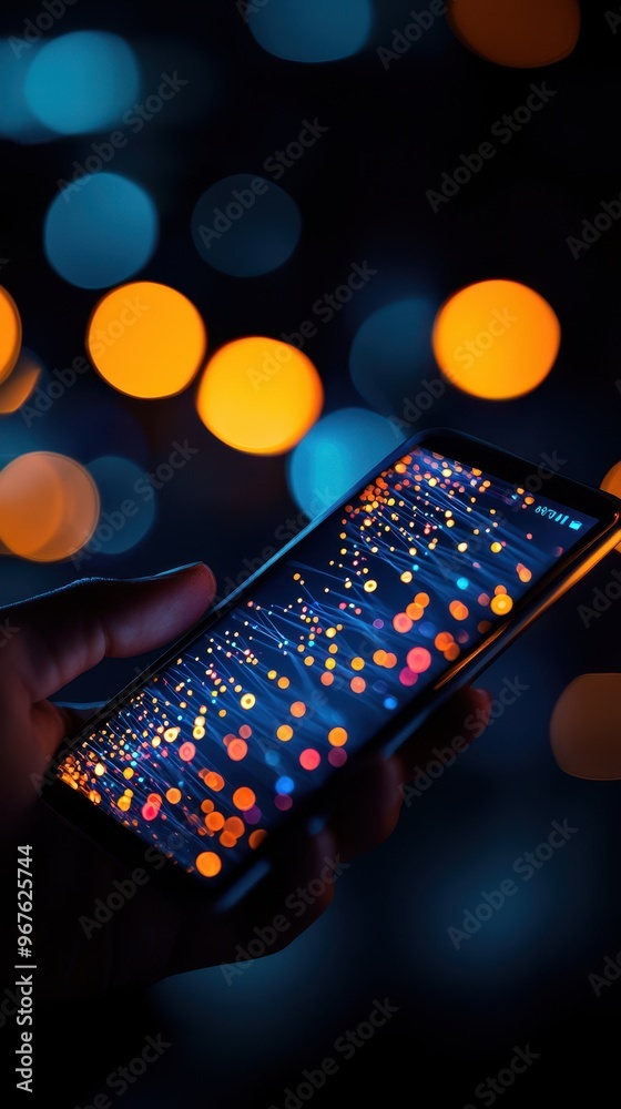 Aufkleber Hand holding smartphone with colorful bokeh lights in the background, creating a vibrant and futuristic atmosphere.