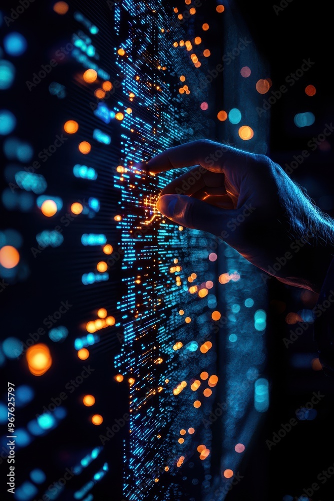 Poster hand interacting with an abstract digital interface filled with glowing data points and lines, repre