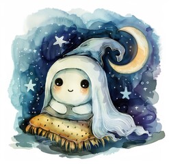 watercolor cute and adorable ghost wearing a night cap holding a pillow with the moon in the background and stars