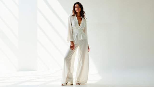Soft rays of sunlight stream through large windows, illuminating a model dressed in a flowing white outfit. The exquisite textures and graceful poses create an atmosphere of refined elegance