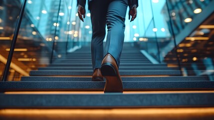 Obraz premium A professionally dressed job seeker, confidently walking up the steps of a modern office building for an interview.