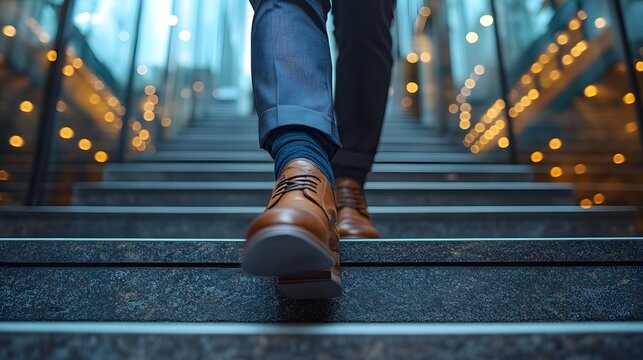 A professionally dressed job seeker, confidently walking up the steps of a modern office building for an interview.