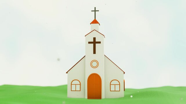 3d animation of white church with a cross and a tiled roof, nestled amidst a grove of evergreen trees.