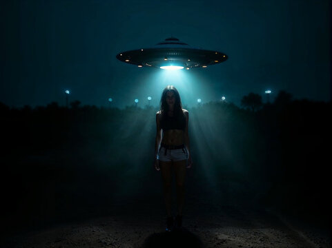 In the shadows of a remote landscape, a solitary figure stands illuminated by an otherworldly beam, as an unidentified craft hovers above, evoking intrigue and wonder