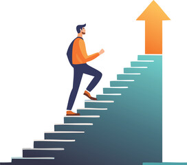 businessman running upstairs with an arrow symbolizing success and business growth