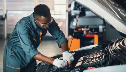 Car mechanic repairing a car in auto repair shop. Generated image