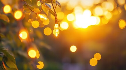 warm glowing bokeh light from yellow string lights at sunset creating a dreamy outdoor ambiance with soft blurred decor