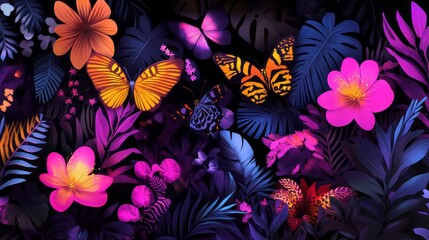 A psychedelic jungle filled with neon-colored plants, animals, and flowers with intricate patterns that create a sense of chaos and harmony at the same time