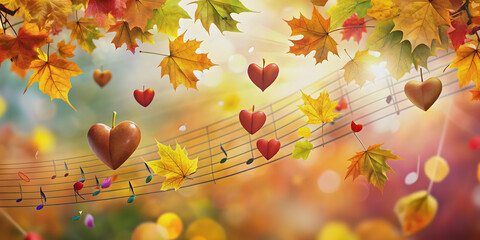 Music notes floating over a background of colorful autumn leaves and heart shapes , music, notes, autumn leaves, hearts